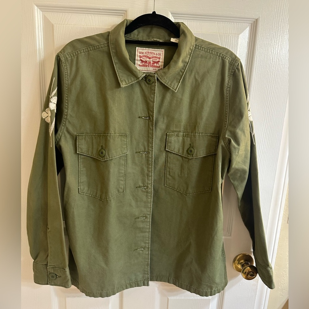 Levi’s Women’s Shirt Jacket Large Utility Military Green White Flower Sleeve